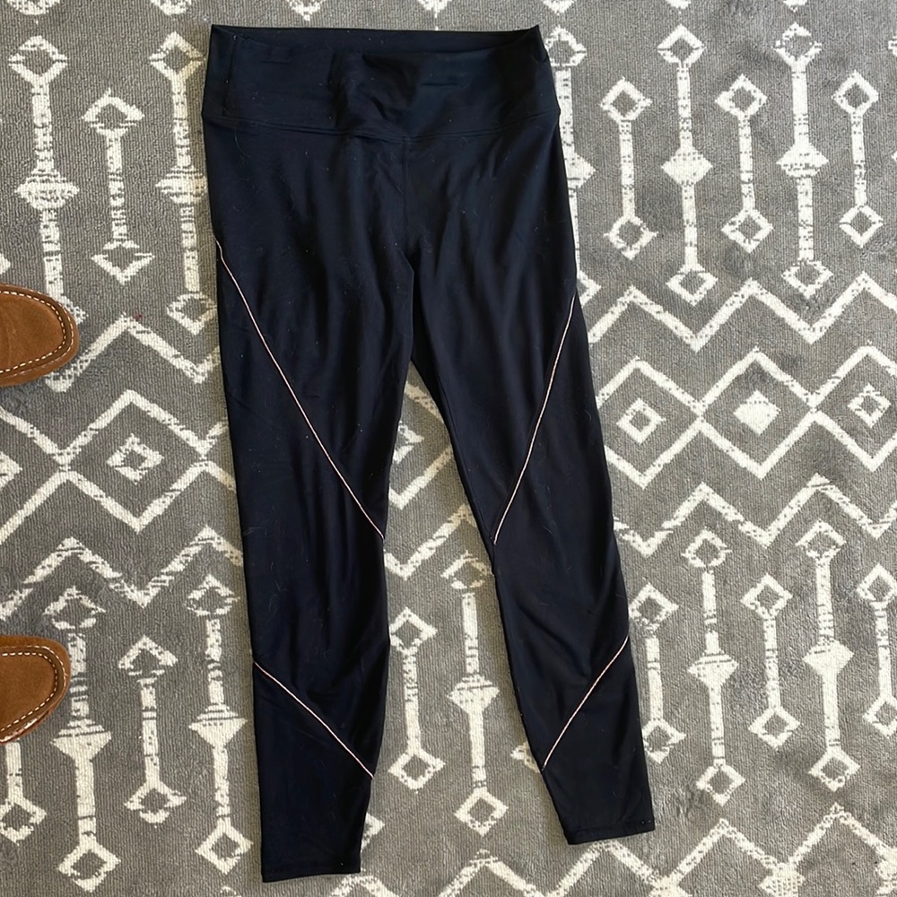 Fabletics Black Hi Rise Leggings with Pink Stripe
